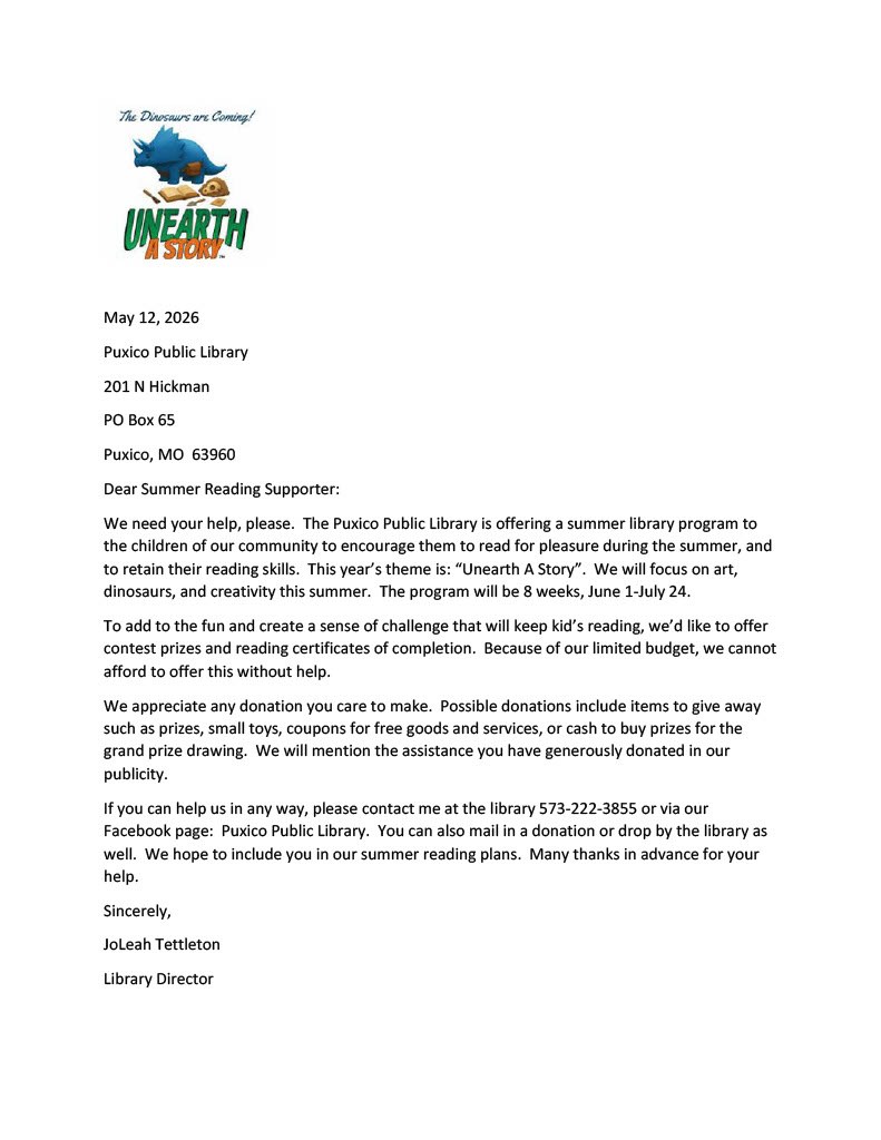 Summer Reading 2026 Donation Letter