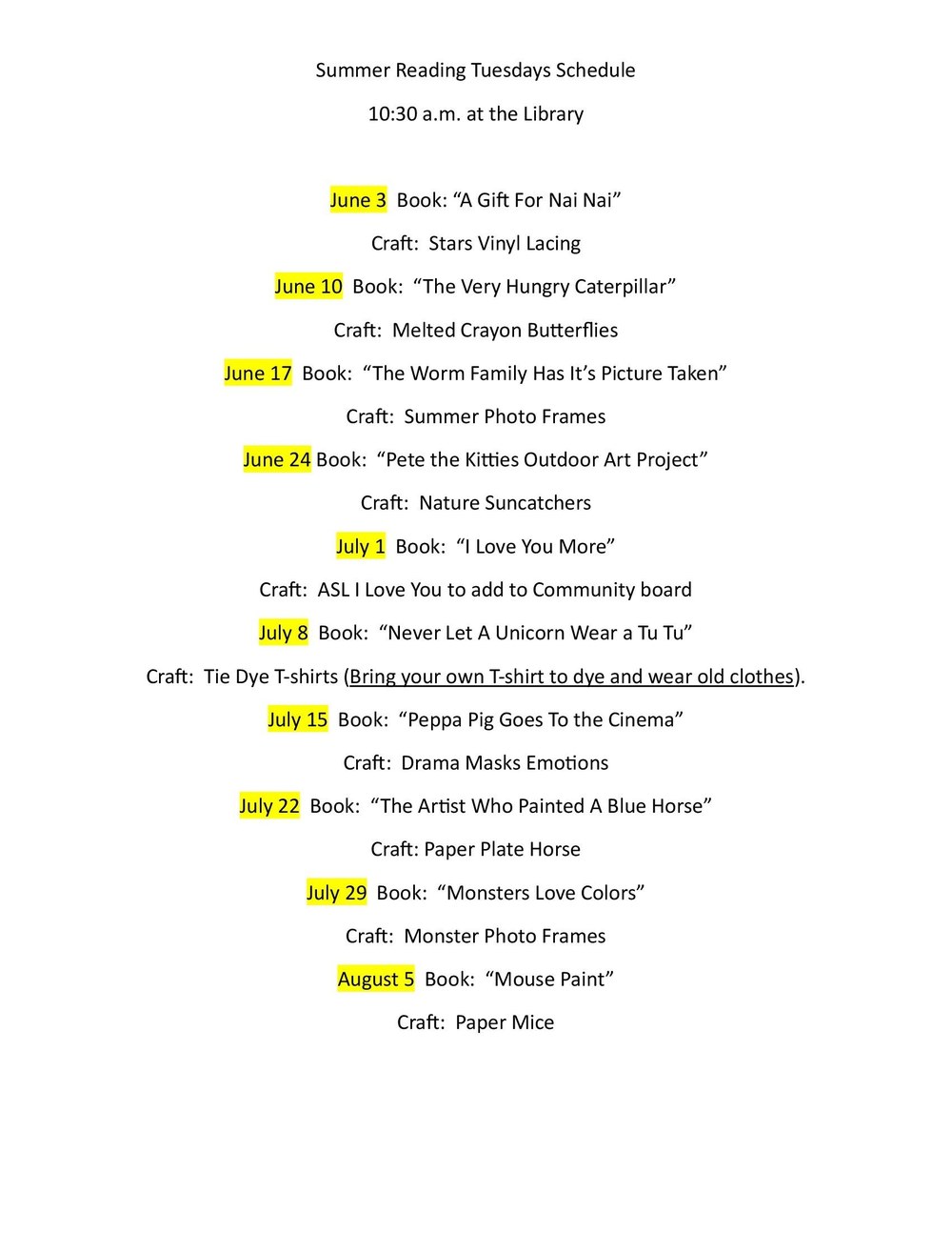 Summer Reading Tuesdays Schedule